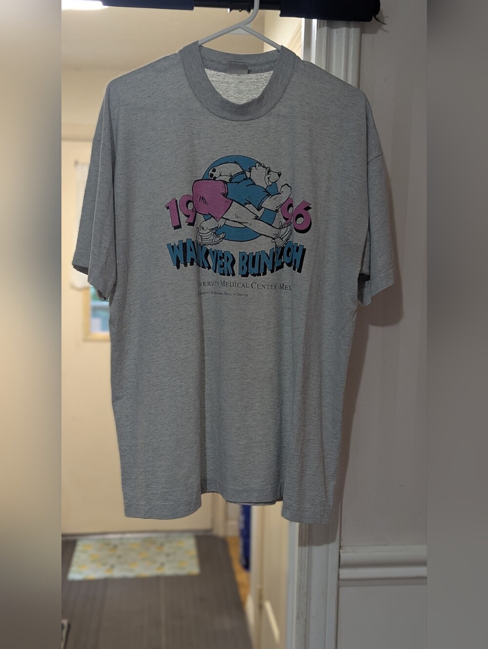 Vintage GrayGraphic Tee with Pink & Blue Accents